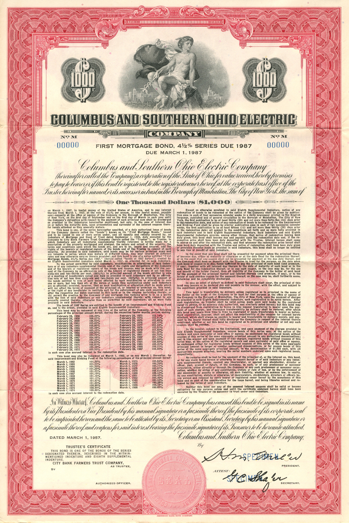 Columbus and Southern Ohio Electric Co. - 1957 dated $1000 Utility Bond